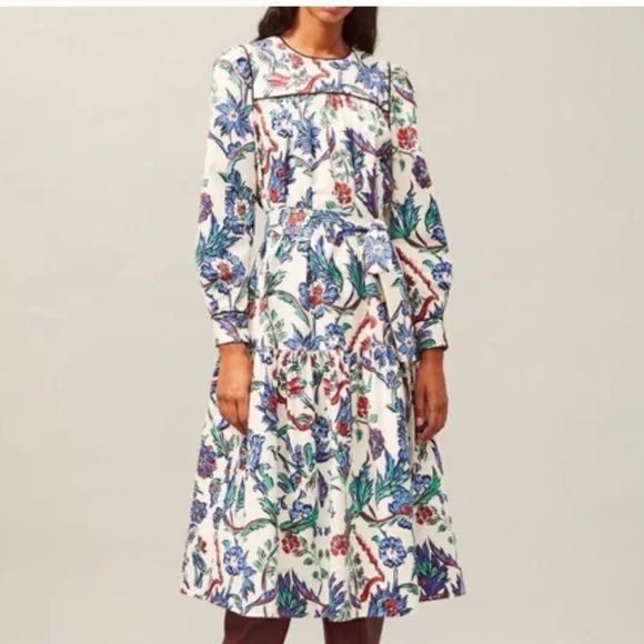 Tory Burch Quilted Yoke Cotton Midi Dress Porcelain Thistle Tory Burch Size US L - Picture 6 of 6